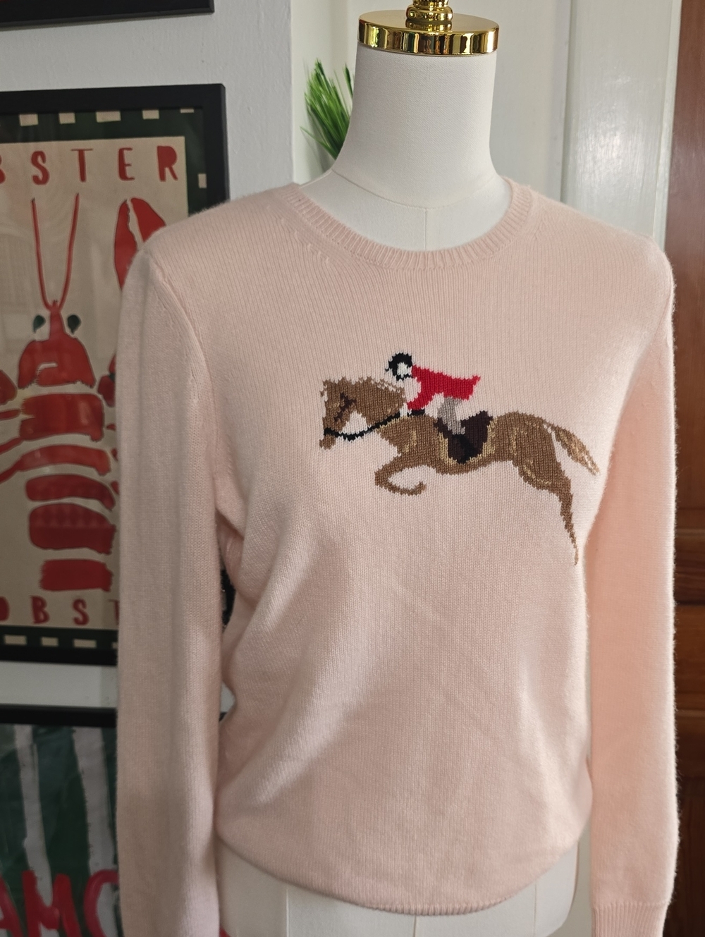 J. McLaughlin Pale Pink Crewneck Sweater with Equestrian Motif Polo Horse